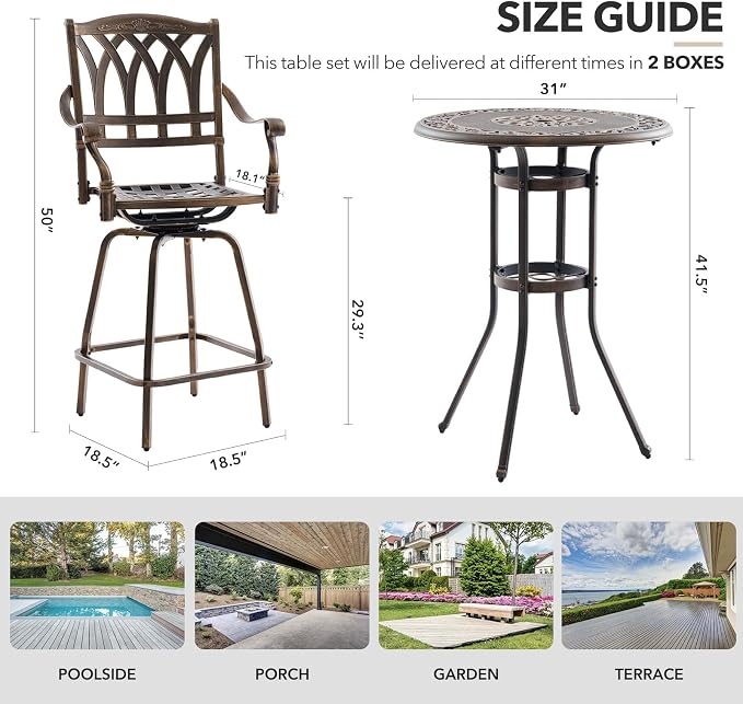 3 Piece Swivel Outdoor Table and Chairs Bar Set, All-Weather Cast Aluminum - Image 6