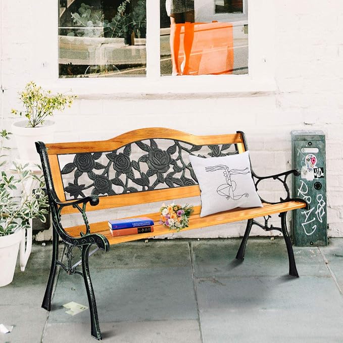 Giantex 50 Inch Patio Bench, Outdoor Furniture Rose Cast Iron Hardwood Frame - Image 3