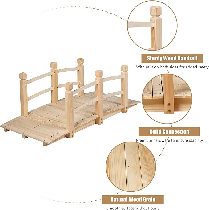 LDAILY Moccha 5FT Wood Garden Bridge, Pond Bridge - Image 4