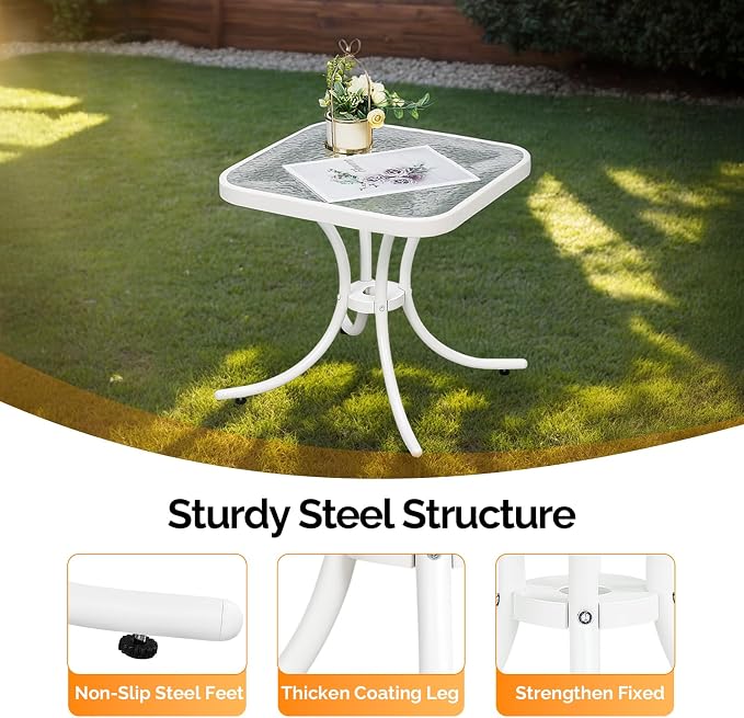 VINGLI Outdoor Side Table, 18in Patio Table Steel Frame Tempered Glass Top - Image 4
