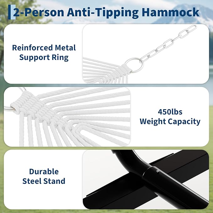 2 Person Double Hammock with Adjustable Steel Stand & Pillow, Heavy Duty - Image 3
