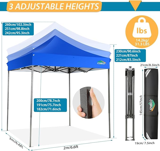 COBIZI 6.6x6.6 Pop Up Canopy Without Sidewall, Heavy Duty Canopy UPF 50+ All - Image 4