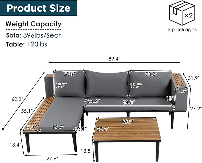 Acacia Wood Patio Furniture Set, Luxury Outdoor Conversation Sectional Sofa - Image 2