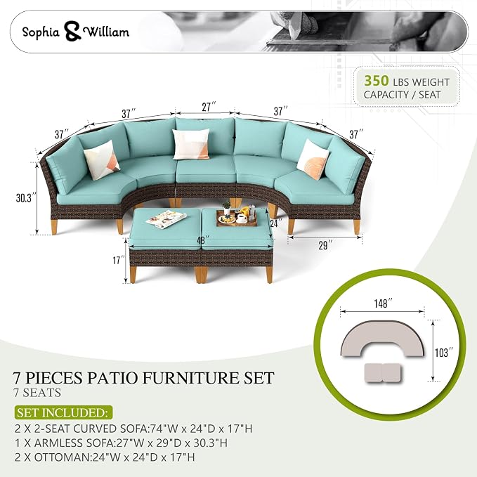 Sophia & William Outdoor Wicker Sectional Sofa Set, 7 Piece Half Moon Curved - Image 7