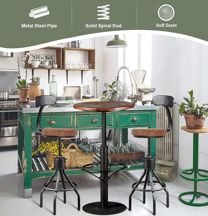 LOKKHAN Set of 2 Industrial Leather Bar Stools-Adjustable Swivel Metal Bar - Image 4