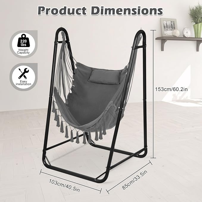 Hammock Chair with U Shape Stand, Cotton Swing Chair with Side Pocket, - Image 6