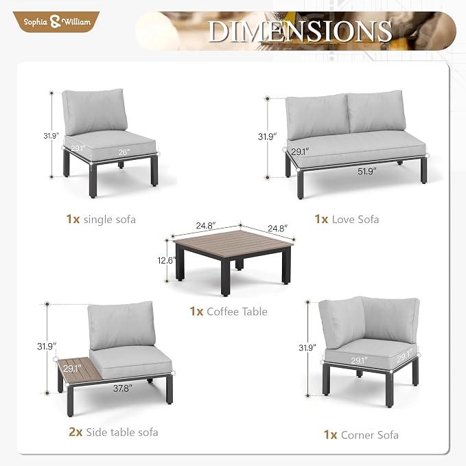 Sophia & William 6 Pieces Patio Furniture Set, Outdoor Metal Sectional Sofa - Image 2