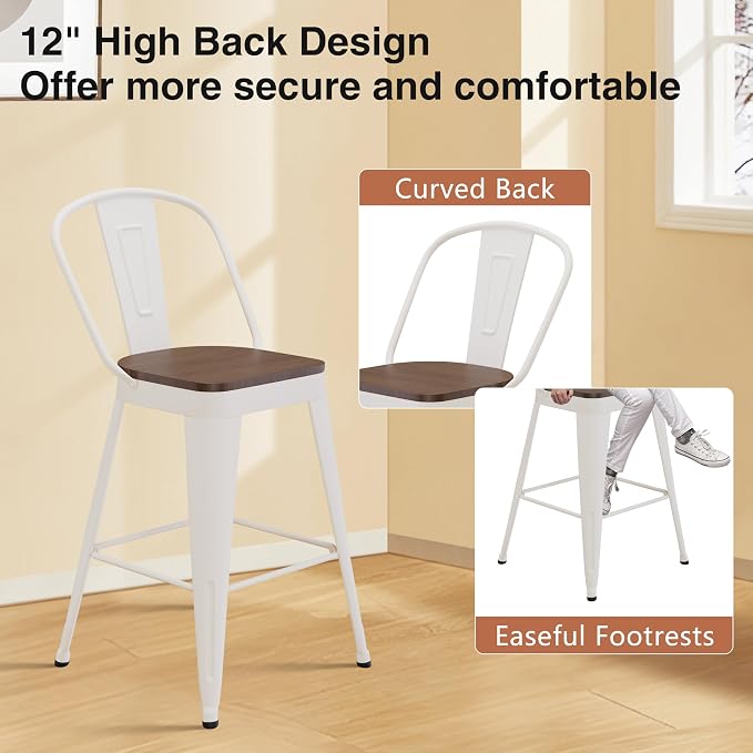 ALISH 24 Inch Industrial Bar Stools Set of 4, High Back Metal Barstools - Image 5