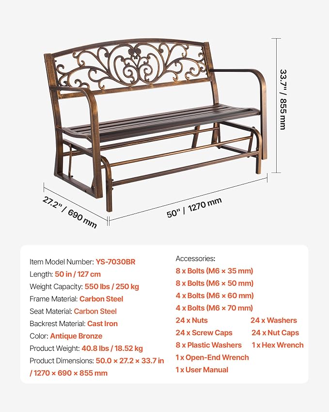 VEVOR Outdoor Bench, 50 inch, Carbon Steel Metal Frame - Image 8