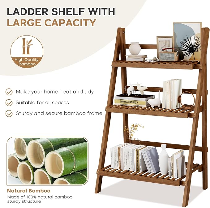 39.4" Bamboo Ladder Shelf Plant Shelf, 3 Tier Foldable Ladder Flower Pot - Image 3