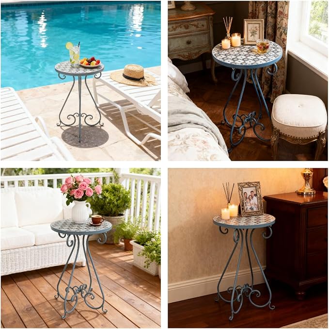 Outdoor Side Table & Mosaic Plant Stand, Indoor Outdoor Coffee Tea Table - Image 6