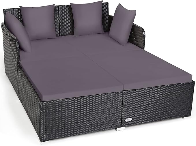 COSTWAY Outdoor Patio Rattan Daybed, Sponge Cushioned Loveseat Sofa by COSTWAY