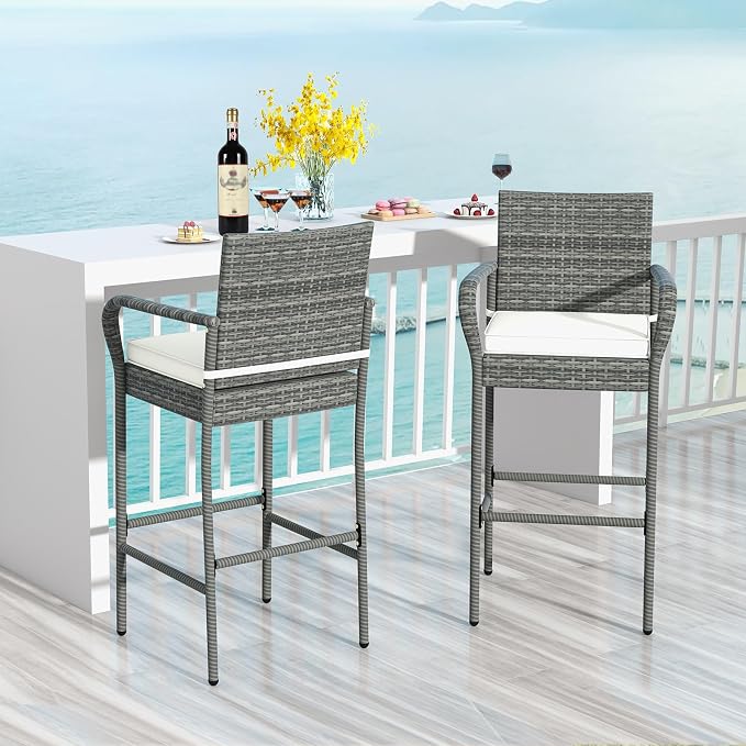 Tangkula Patio Wicker Barstools Set of 4, Outdoor PE Rattan Bar Chairs - Image 4