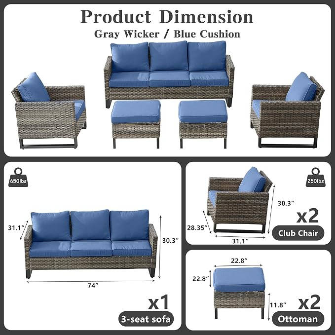 Belord Wicker Patio Furniture 5 Piece Outdoor Sofa Set, Oversize Outdoor Dining - Image 2