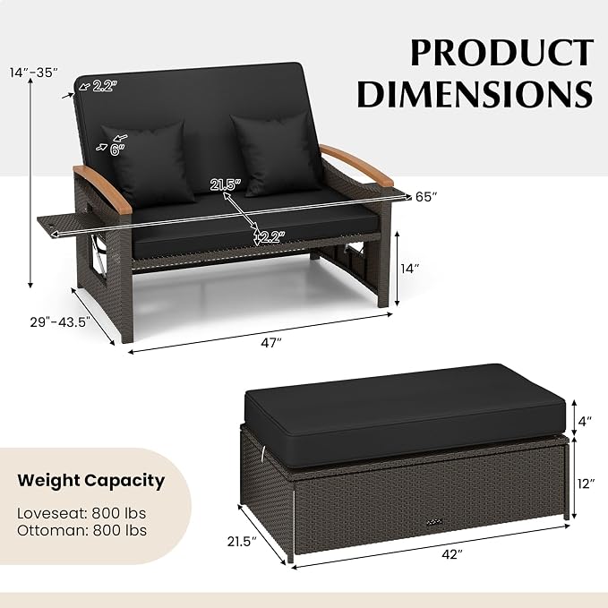 COSTWAY Patio Rattan Daybed, Outdoor Loveseat Sofa - Image 3