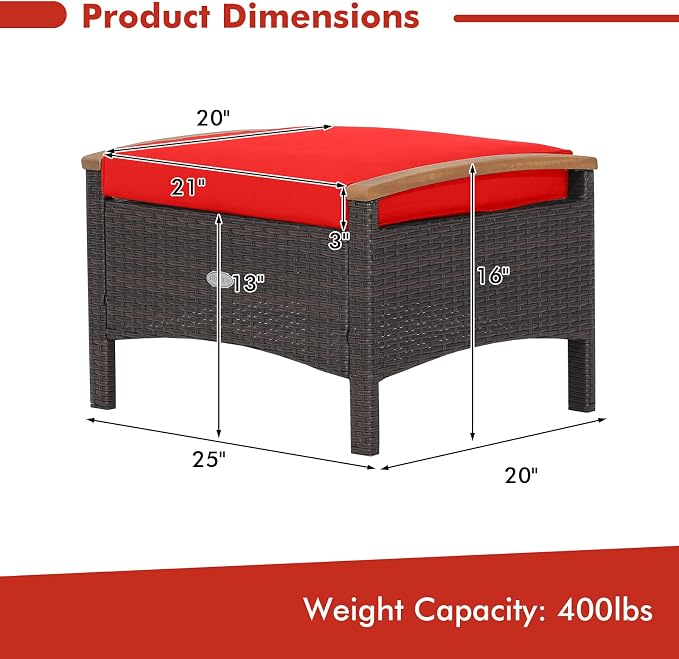 Tangkula 2 Piece Patio Rattan Ottomans, Outdoor Wicker Footstool w/Acacia Wood - Image 4