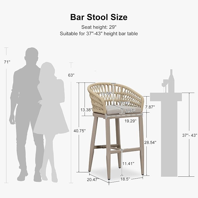 PURPLE LEAF Outdoor Rattan 29" Bar Stools Set of 2, Modern Boho Aluminum Patio - Image 3