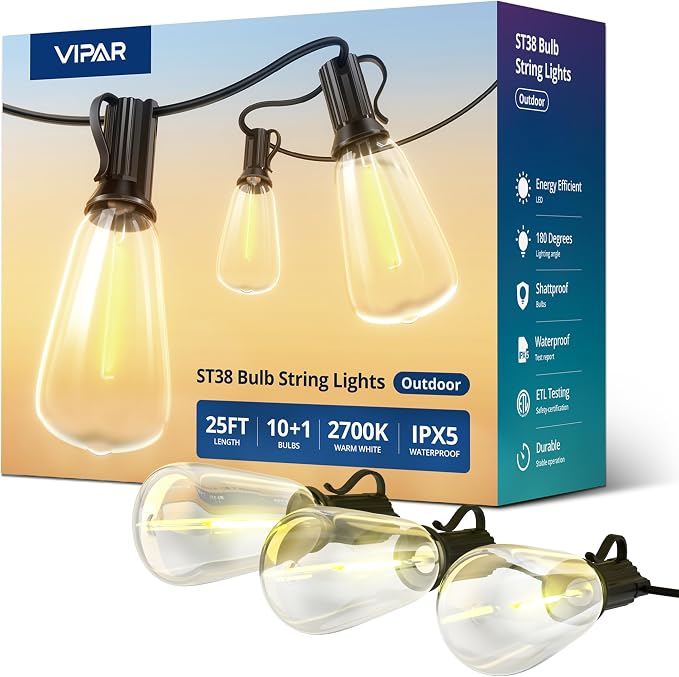 VIPAR Outdoor String Lights 25FT LED Patio Lights IPX5 Waterproof by VIPAR