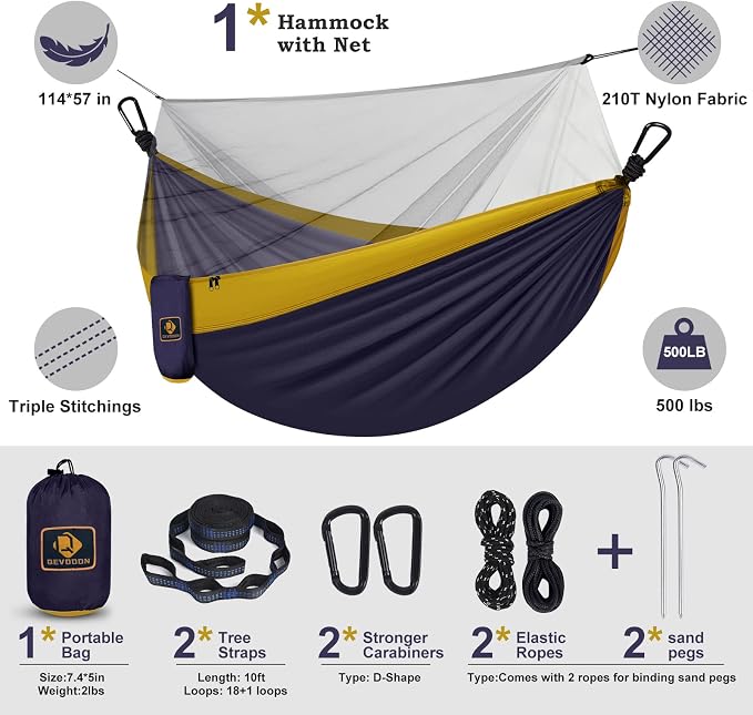Camping Hammock with Net, Travel Portable Lightweight Hammocks with Tree Straps - Image 6