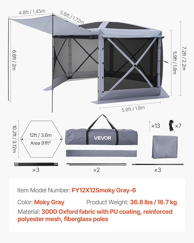 VEVOR Pop up Gazebo Screen Tent, 12 x 12 ft Large 6-Sided Camping Canopy Tent - Image 7