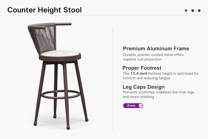 PURPLE LEAF Outdoor Swivel Bar Height Stools Set of 2 Metal Modern Wicker Bar - Image 8