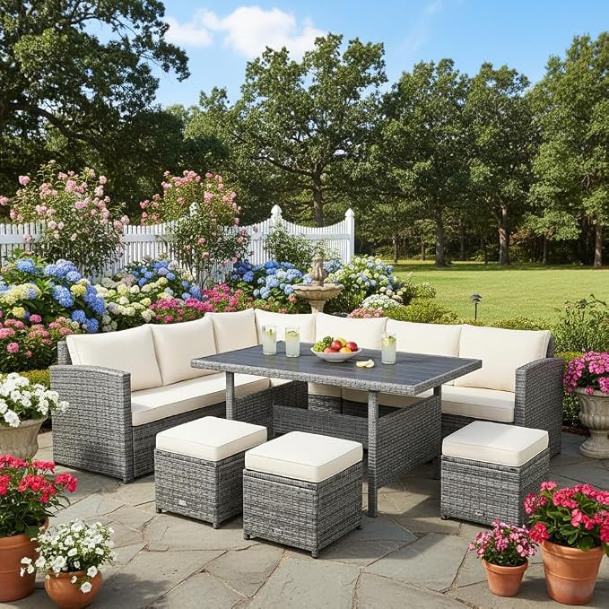 Tangkula 7 Pieces Patio Furniture Set, Outdoor Sectional Rattan Dining Sofa Set - Image 2