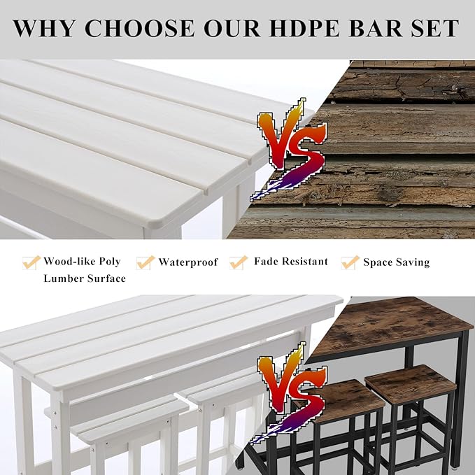 3 Pcs HDPE Outdoor Bar Set of 2 Includes Bar Height Table and Chairs, Patio Bar - Image 5