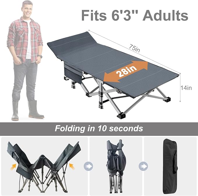 ABORON Camping Cot for Adult 28" Extra Wide, 2PK Heavy-Duty 1200D Oxford Cot - Image 5