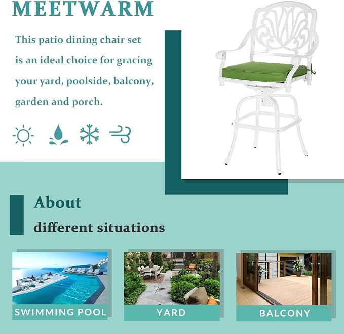 MEETWARM 2 Piece Patio Swivel Bar Chairs, All Weather Cast Aluminum High Swivel - Image 6
