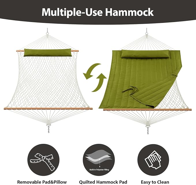 Outdoor Double Hammock with Hardwood Spreader Bars, Large Rope Hammock with - Image 3