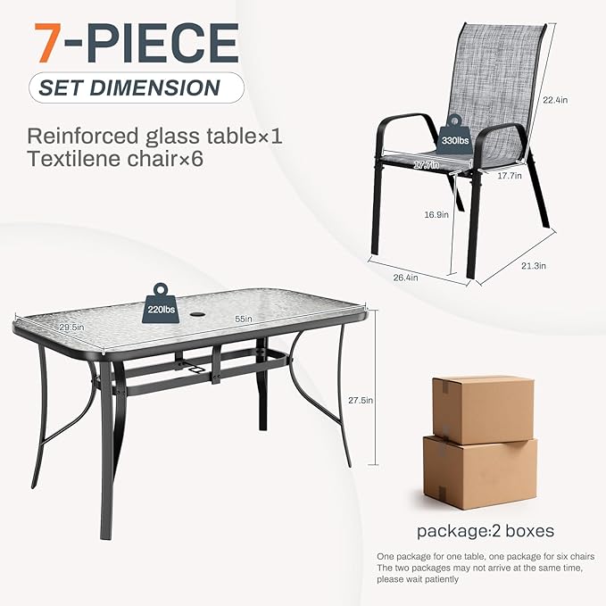 TLSUNNY 7 Pieces Patio Dining Set, Outdoor Table and Chairs W/1.69″ Umbrella - Image 2
