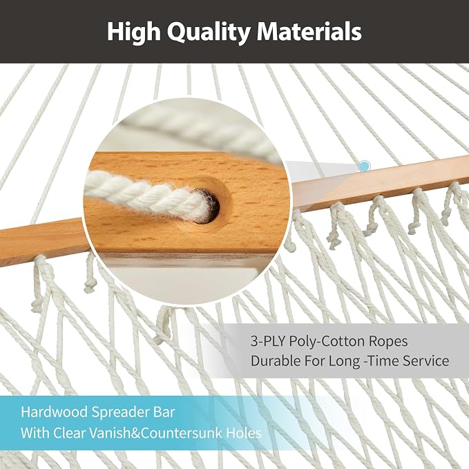 Outdoor Double Hammock with Hardwood Spreader Bars, Large Rope Hammock with - Image 5