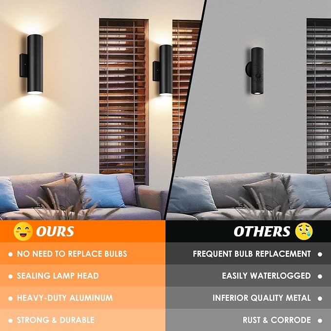 GoBright Outdoor Wall Lights, 12W 3000K Integrated LED Cylinder Up Down Lights - Image 6