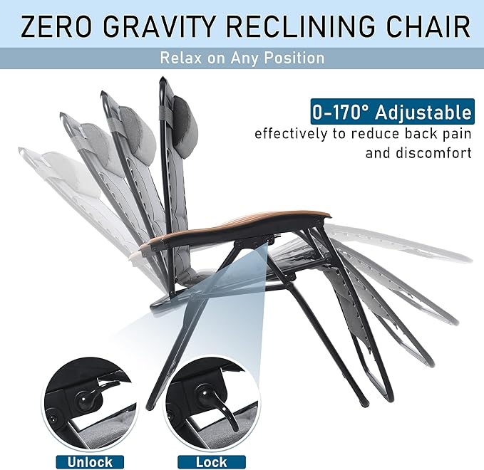 PHI VILLA XXL Oversized Padded Zero Gravity Chair Set of 2, Foldable Patio - Image 5