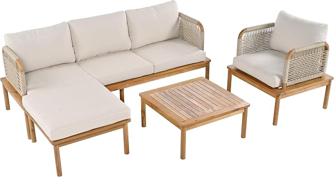 4-Piece Acacia Wood and Rope Patio Sofa Set, Outdoor Conversation Set - Image 4