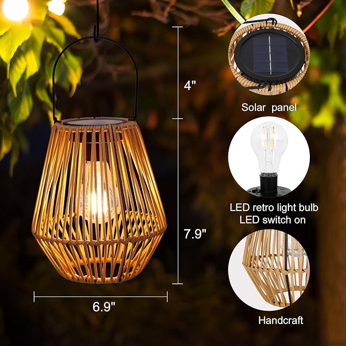 Solar Lantern, 2 Pack Solar Wicker Lanterns Outdoor Waterproof Boho Lights - Image 7