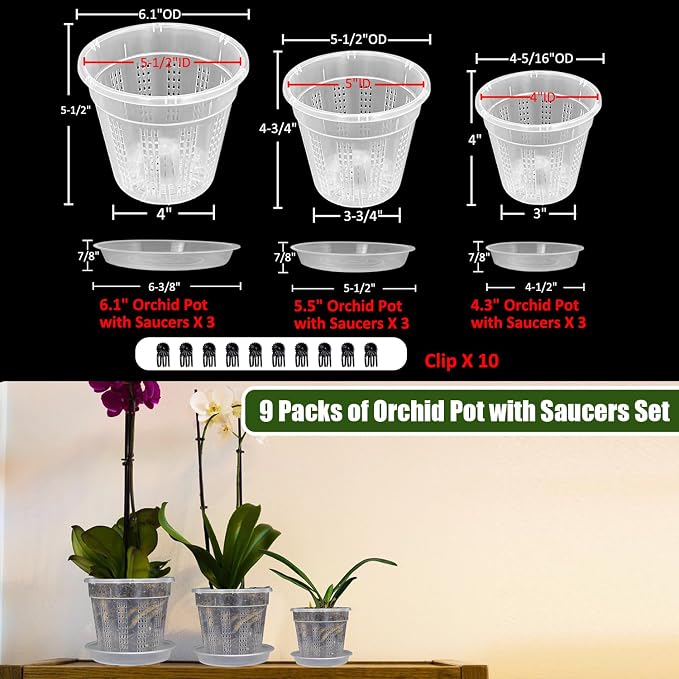 Orchid Pot with Saucers, 3 Each of 4.3", 6.1" Orchid Pots with Holes, 9 Pack - Image 7
