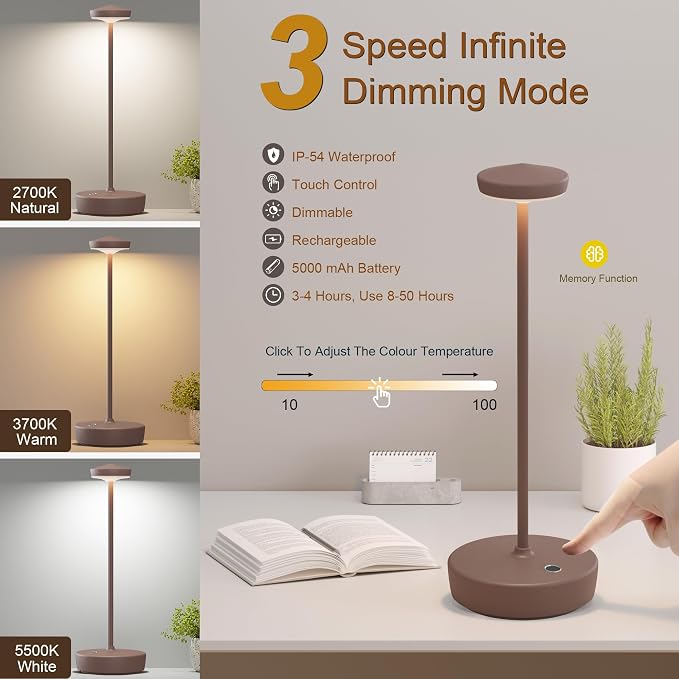 Cordless Table Lamp Set of 2, LED Rechargeable Battery Operated 3 Levels - Image 2