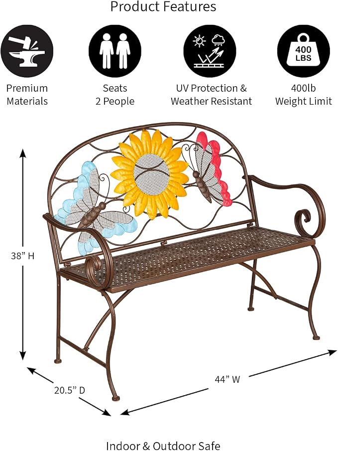 Evergreen Garden Sunflower Garden Bench Outdoors & Indoors | Cast Iron Metal - Image 3