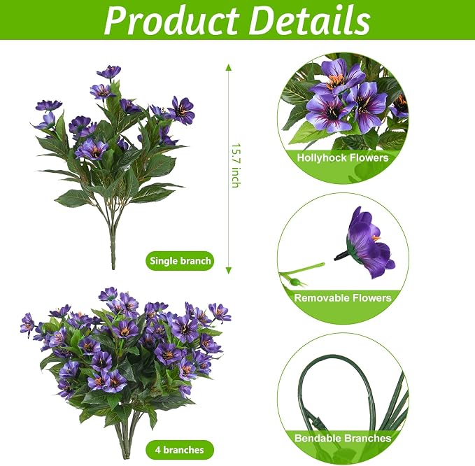 Fake Artificial Flowers for Outdoors Decoration, 4 Bundles Silk Faux Spring - Image 2