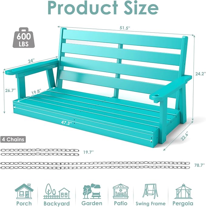 IVY&LANE Outdoor Porch Swing | HDPE Plastic | 2-Person | Hanging Bench Swings | - Image 2