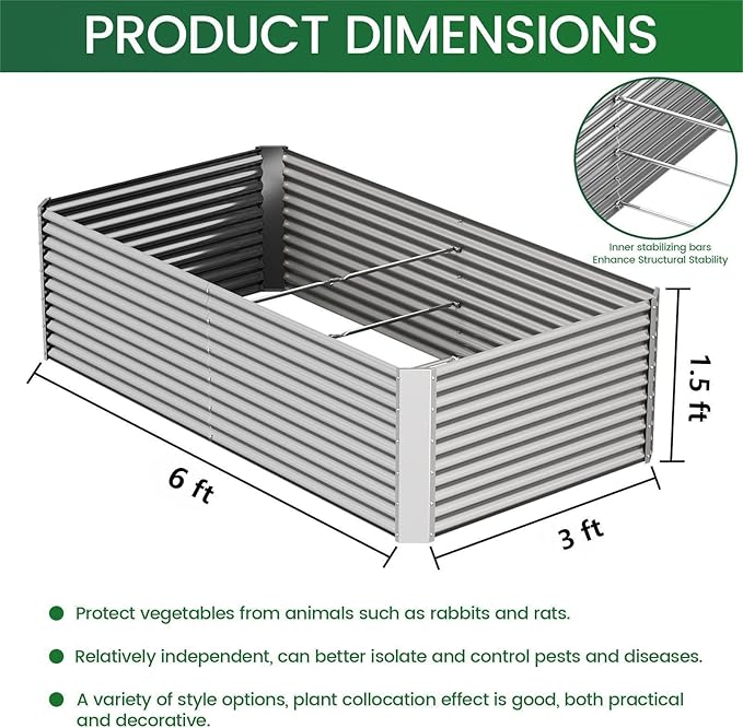 FRIZIONE 2pcs Tall 6x3x1.5ft Galvanized Raised Garden Bed Outdoor, Steel Garden - Image 3