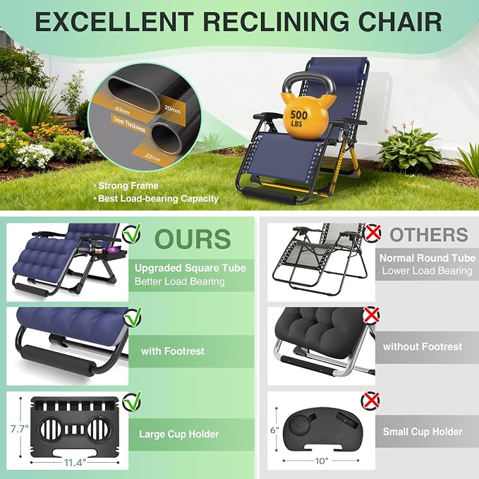 Suteck Oversized Zero Gravity Chair, 33In XXL Lounge Chair w/Removable - Image 4