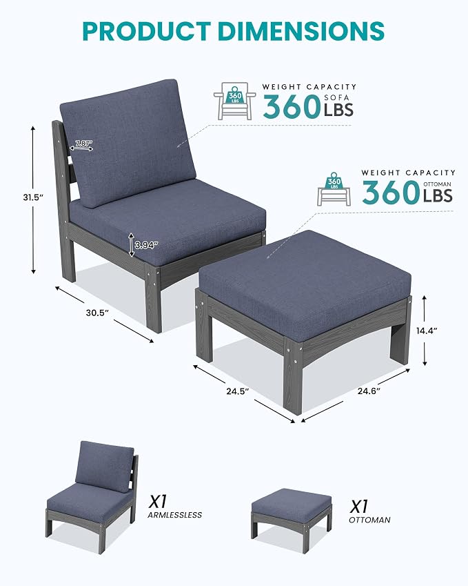 SERWALL 2 Pieces Patio Sofas, HDPE Outdoor Conversation Set - Image 2