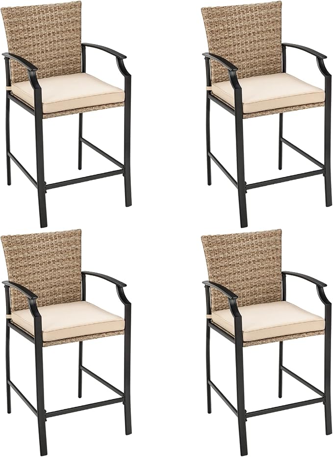 Tangkula Patio Rattan Bar Stools Set of 4, Outdoor Wicker Bar Height Chairs by TANGKULA