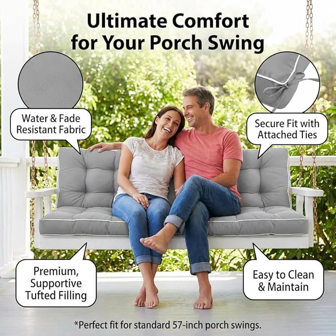 3 Seat 57 Inches Outdoor Porch Swing Cushions, Water-Resistant Tufted Patio - Image 7