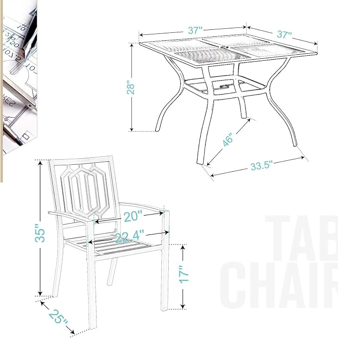 PHI VILLA 5-Piece Metal Patio Outdoor Table and Chairs Dining Set- 37" Square - Image 7