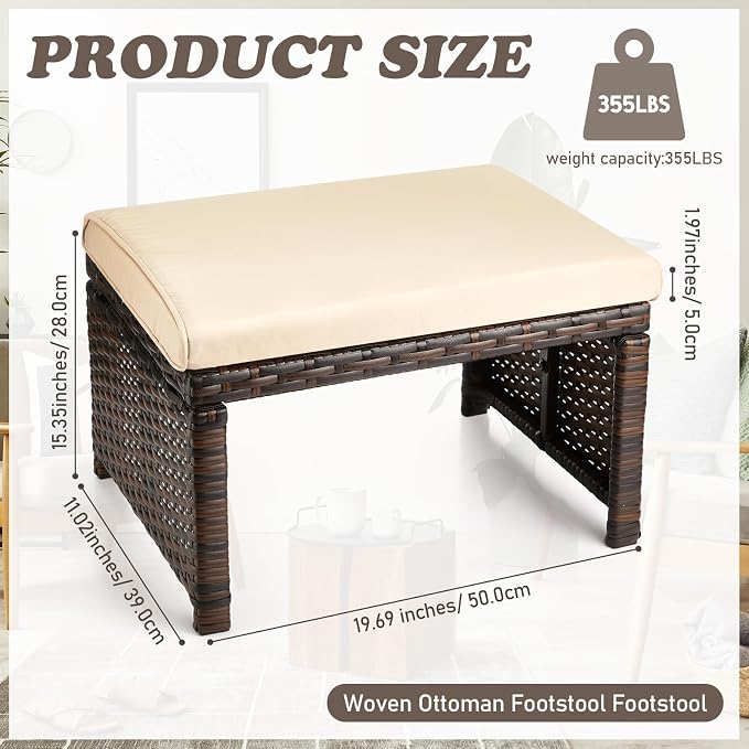 2 Pcs Patio Rattan Ottomans Outdoor Wicker Ottomans Patio Footstool Footrest - Image 2