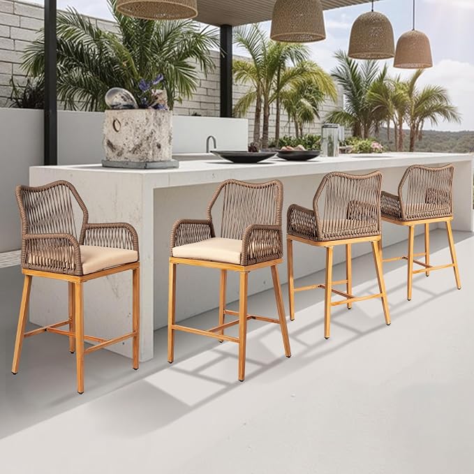 VINGLI Outdoor Counter Height Bar Stools Set of 4, Rattan Outdoor Barstools - Image 6