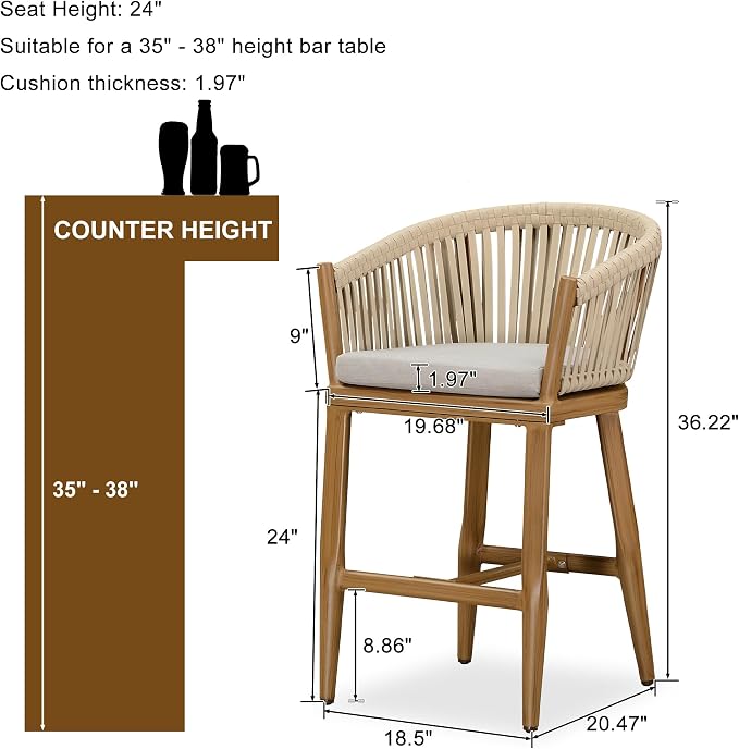 PURPLE LEAF Outdoor Counter Height Bar Stools Set of 2 Patio Metal Modern - Image 3